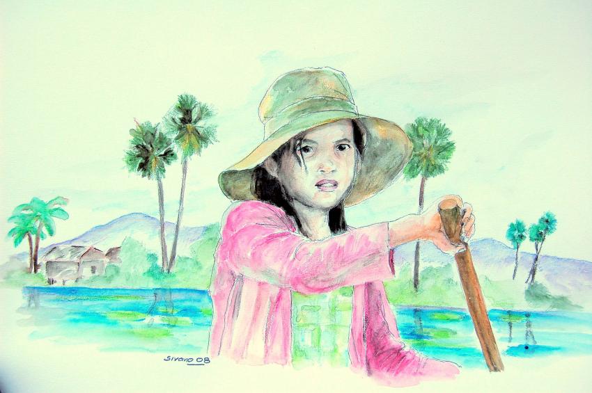 jeune paysanne du cambodge en barque