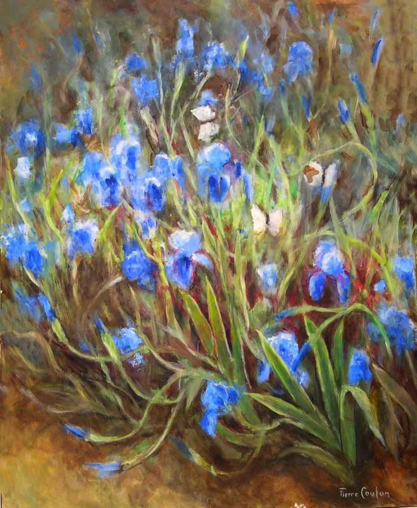 Iris au jardin, peinture sur toile 0,80 x 0,65